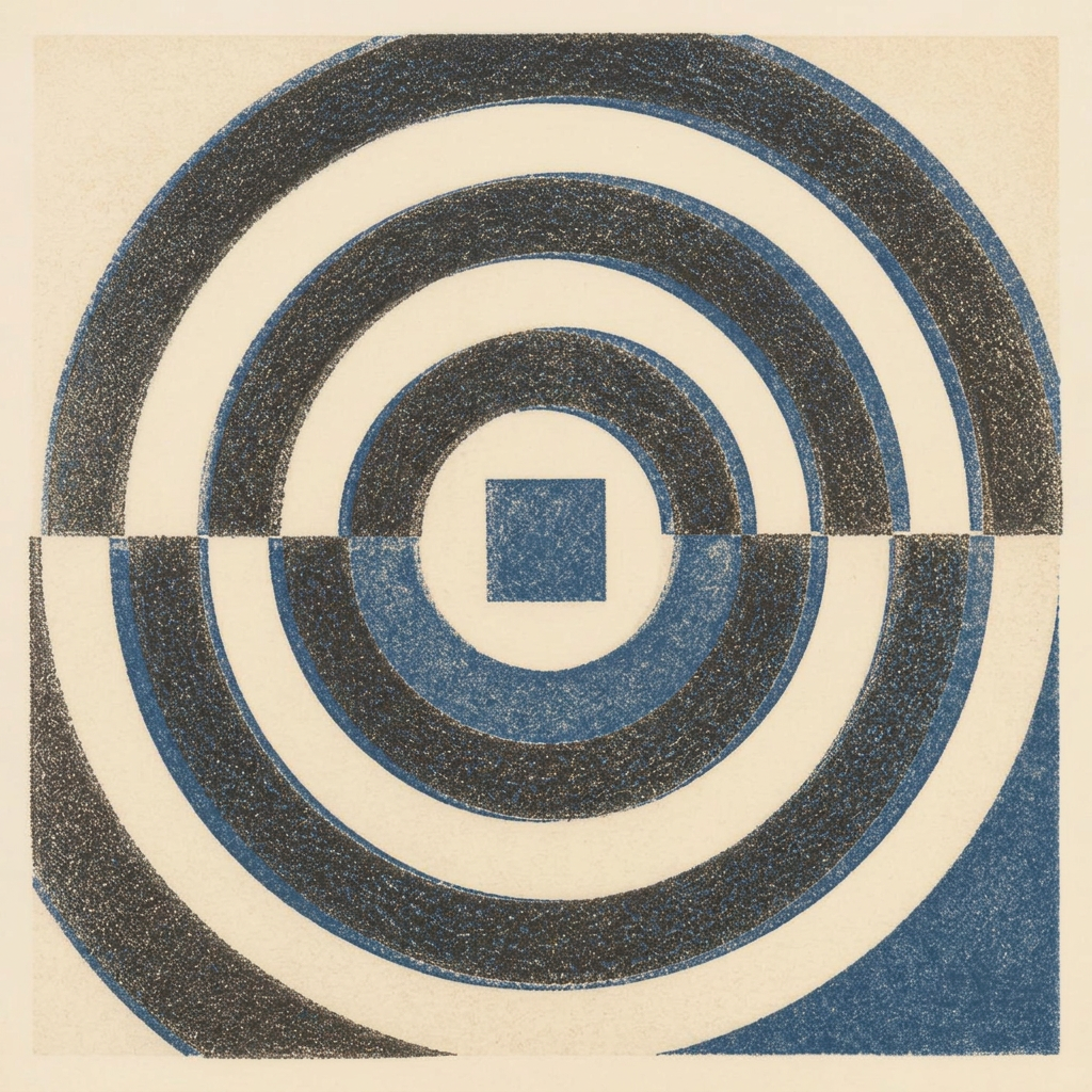 Two-colour steel-blue and charcoal risograph print of arcs radiating from a small square