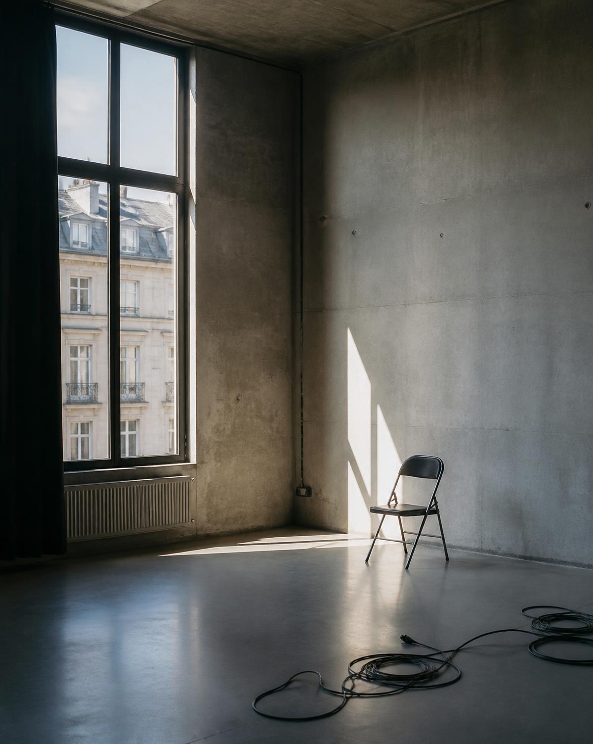 Documentary photograph of an empty concrete rehearsal room with a folding chair and coiled cables