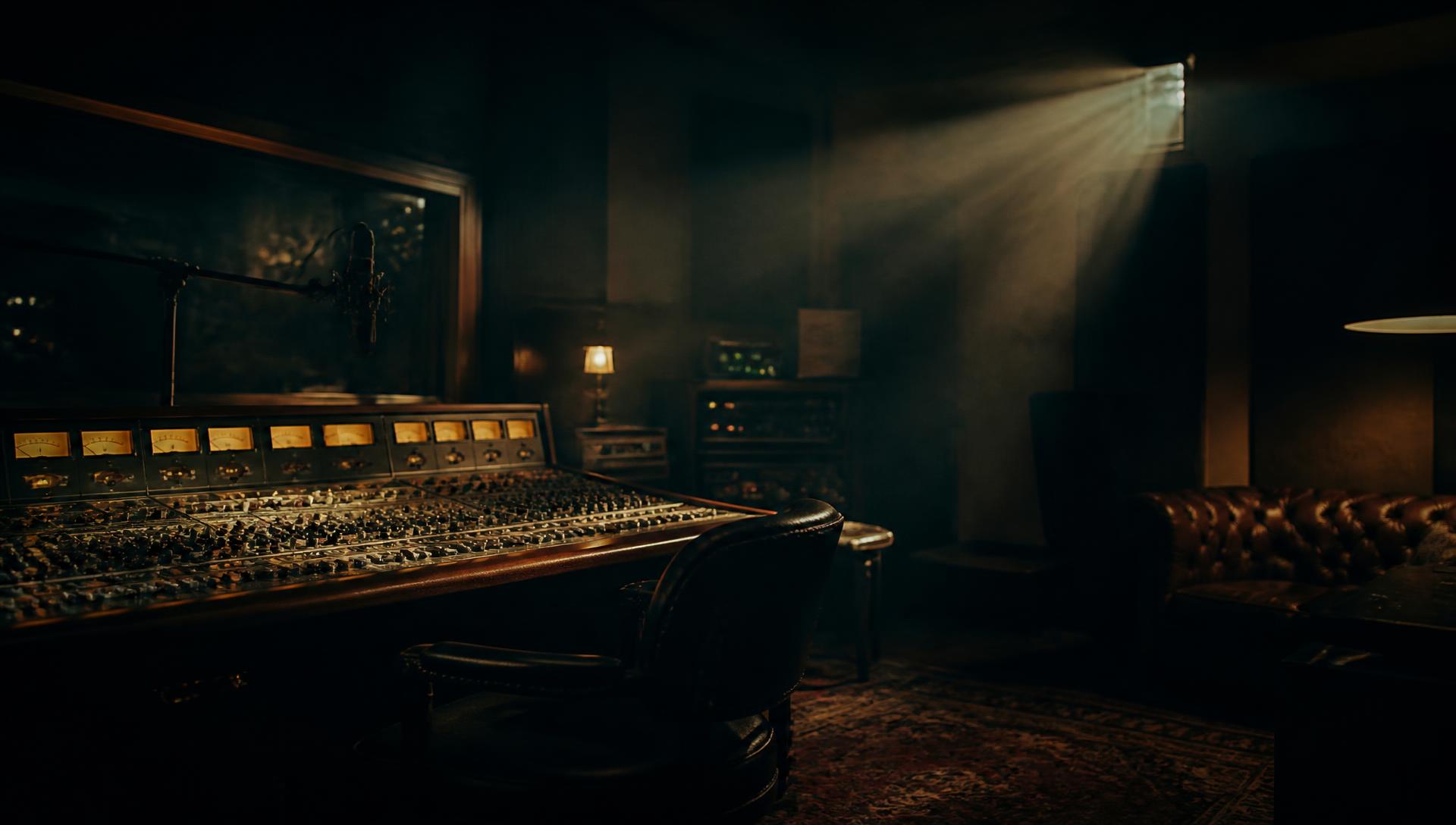 Mixing console in a darkened studio